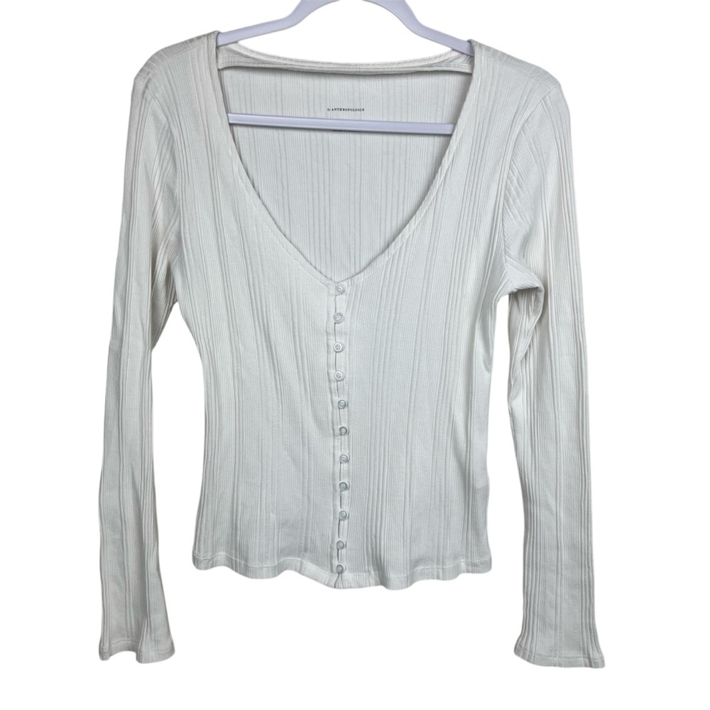 Anthropologie Cream V Neck Ribbed Long Sleeve Button Up Shirt Size M Women’s